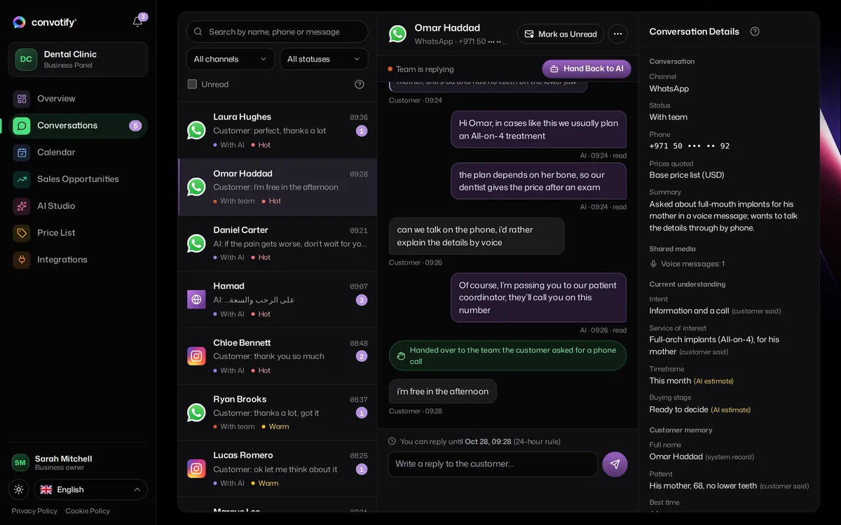 Conversations in the convotify panel: the conversation list, an open conversation handed over to the team, and its details beside it