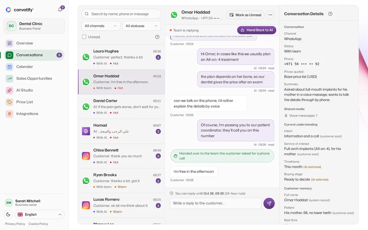 Conversations in the convotify panel: the conversation list, an open conversation handed over to the team, and its details beside it