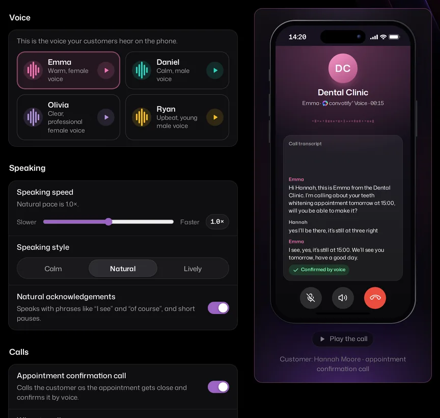 convotify Voice in AI Studio: four voices, speaking speed and style, natural acknowledgments and appointment confirmation calls; on the phone beside them the assistant calls the customer and confirms the appointment