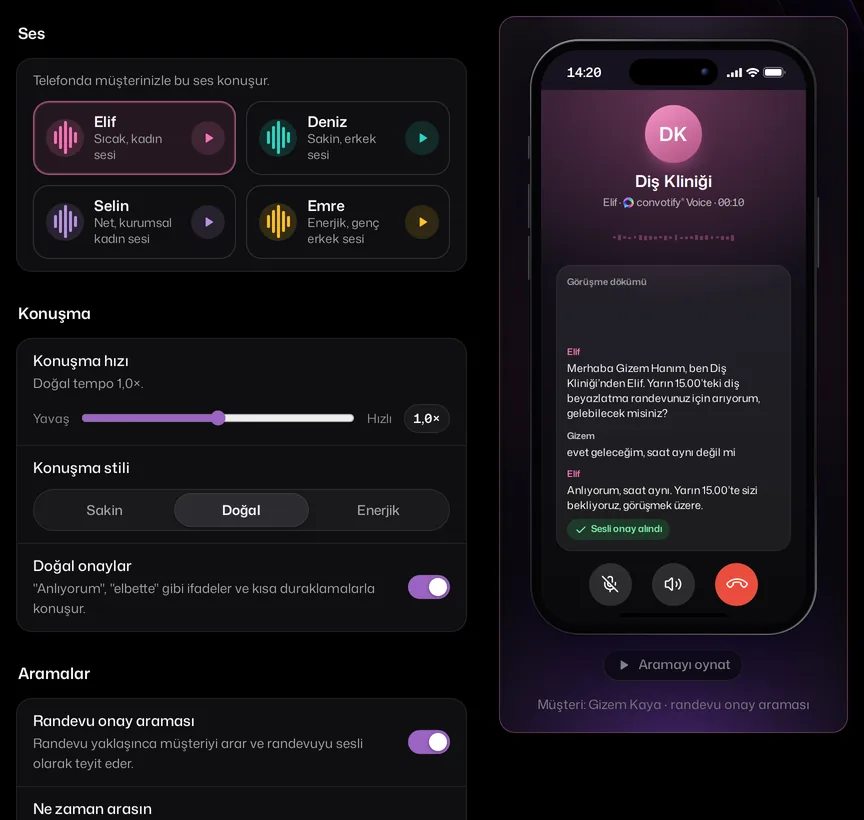 AI Studio'da convotify Voice ayarları: dört ses, konuşma hızı ve tarzı, doğal onaylar ve randevu onay araması; yanındaki telefonda asistan müşteriyi arayıp randevuyu teyit ediyor