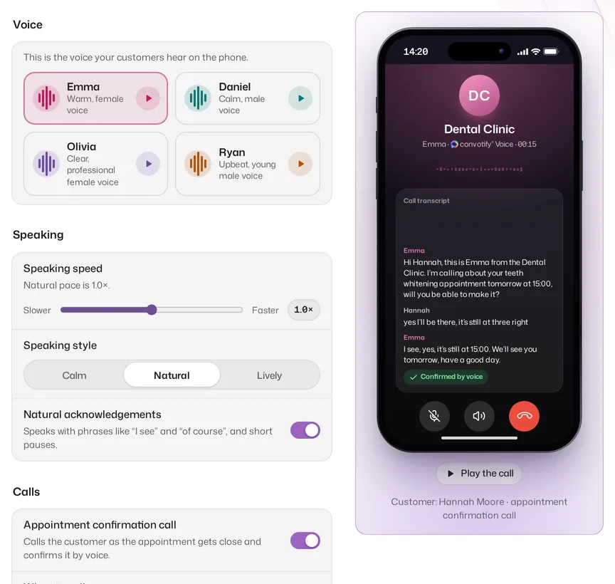 convotify Voice in AI Studio: four voices, speaking speed and style, natural acknowledgments and appointment confirmation calls; on the phone beside them the assistant calls the customer and confirms the appointment
