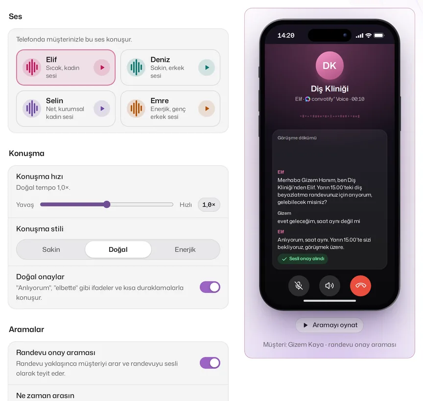 AI Studio'da convotify Voice ayarları: dört ses, konuşma hızı ve tarzı, doğal onaylar ve randevu onay araması; yanındaki telefonda asistan müşteriyi arayıp randevuyu teyit ediyor