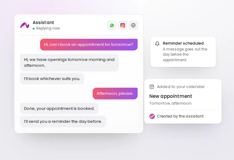 Sample chat: a customer asks for an appointment, and the assistant offers available times and books it